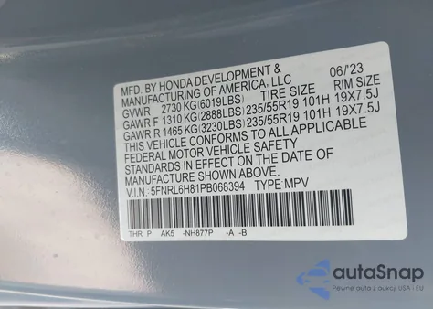 2023 Honda Odyssey Touring из США, поврежденный, VIN 5FNRL6H81PB068394